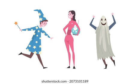 Young Man and Woman Wearing Costume of Alien and Ghost Disguised in Masquerade Outfit Vector Set