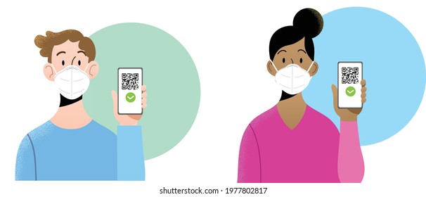 Young man and woman wearing ffp2  masks holding smartphone with QR code on screen. Concept of digital sanitary pass, of European Green Pass, or digital vaccine passport. Certificate of vaccination.