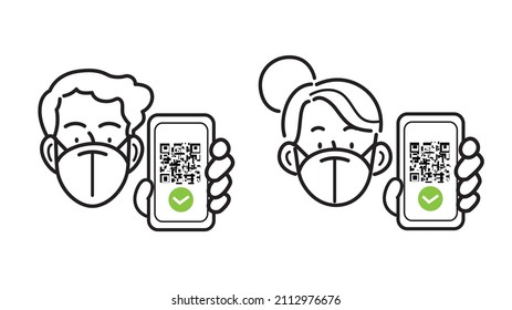 Young man and woman wearing FFP2 KN95 masks holding smartphone with digital sanitary green pass, qr code on screen. Concept of eu green pass, digital vaccine pass or passport, health pass. Line icons.