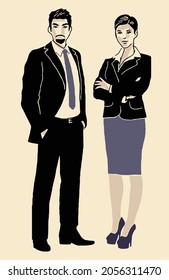 a young man and a young woman are wearing formal office clothes or uniform, stylish hair cut, showing a shrewd, confident, capable and professional attitude. hand drawn vector with isolated layers.