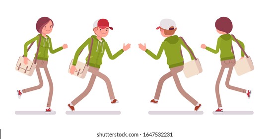 Young man and woman wearing a hoodie jacket running. Cute smart people in casual green hoody, youth city fashion hooded sweatshirt. Vector flat style cartoon illustration, front and rear view