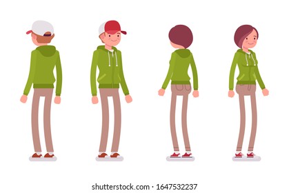 Young man and woman wearing a hoodie jacket standing. Cute smart people in casual green hoody, youth city fashion hooded sweatshirt. Vector flat style cartoon illustration, front and rear view