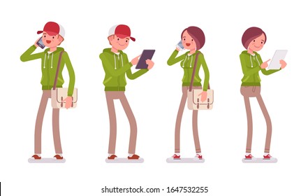 Young man and woman wearing a hoodie jacket standing with smartphone, tablet. Cute smart people in casual green hoody, youth city fashion hooded sweatshirt. Vector flat style cartoon illustration