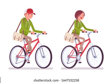 Young man and woman wearing a hoodie jacket riding bike. Cute smart people in casual green hoody enjoy sport or activity, youth city fashion hooded sweatshirt. Vector flat style cartoon illustration