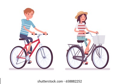 Young man and woman wearing leisure summer fit, trendy stripe print, beach shoes, cycling a city bike, weekend outdoor adventure. Vector flat style cartoon illustration, isolated, white background