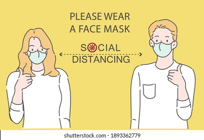 Young man and woman wearing a medical mask. Virus protection concept. Hand drawn in thin line style, vector illustrations.