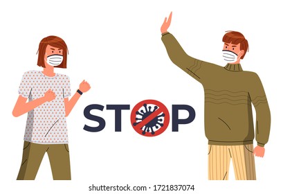 Young man and woman wearing respiratory medical masks against world epidemy. Stop and fight spreading dangerous virus. Crossed out sign with virus pathogen in text. Cartoon characters at white
