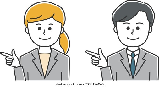 Young man and woman wearing a suit directing someone to somewhere. Vector illustration isolated on white background.