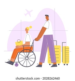 Young man and woman in wheelchair with suitcases at the airport. Air traveling concept cartoon vector illustration. 