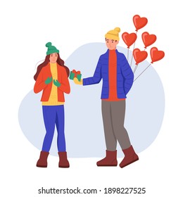 A young man and a woman in winter clothes with balloons and gifts in their hands. A couple in love exchanges gifts. Flat cartoon vector illustration. Valentine's Day