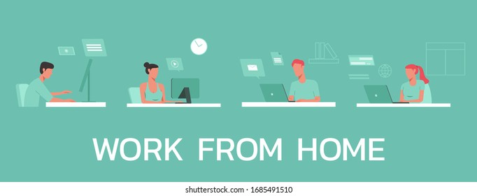 young man and woman working from home on laptops computers, co-working space concept, flat vector illustration