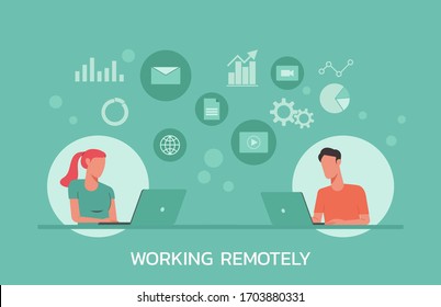 young man and woman working from home on laptops computers, co-working space, working remotely concept, flat vector illustration	