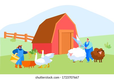 Young Man and Woman in Working Robe Feeding Geese, Trimming Sheep on Nature. Farmers, Villager Characters at Work Care of Birds and Animals on Farm, Agriculture, Farming. Cartoon Vector Illustration
