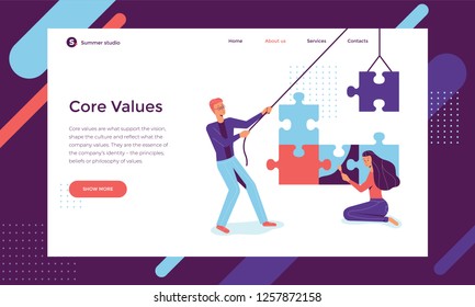 Young man and woman are working in a team, folding and coloring the puzzles. Core values and teamwork concept. Colorful vector illustration for web.