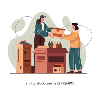 Young man and woman working in volunteering organization. Time for collecting clothing and food for needy people. Charity and donations. Vector flat illustration in brown colors