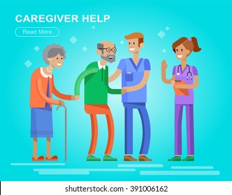 Young man and women caregiwer, helping an old lady and old man. Elder people care and nursing. Vector detailed character flat design