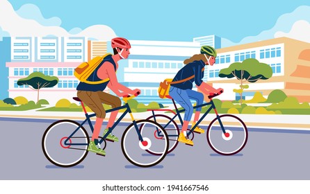 young man and women cycling around the city, wearing safety helmet and bringing bag. building and city illustration in the background. used for landing page illustration and other