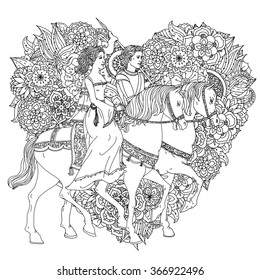 young man and women in  image of  princess and prince from a fairy tale on floral ornament, heart shape. Zentangle interpretation. Black and white. Vector illustration.ould be use  for coloring book 