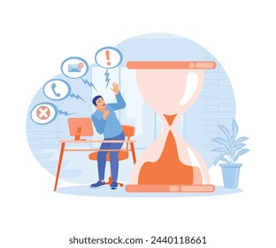 A young man with a lot of work and deadlines. Stress and frustration at the office. Stress concept. Flat vector illustration.