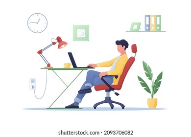 Los hombres jóvenes trabajan desde casa con ilustración de vector de confort. Home Office y laptop en estilo plano laboral. Trabajo remoto, concepto de autónomo