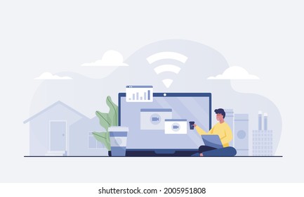 Young man work at home concept, working on laptop. vector illustration

