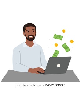 Junger Mann Arbeit von zu Hause aus Konzept. Junger glücklicher Mann, der im Internet Geld verdient. Flache Vektorillustration isoliert auf weißem Hintergrund