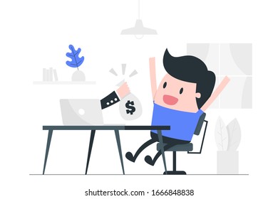 Young man work at home. Online business. Business Concept Illustration.