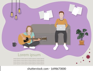 Un joven trabaja con un ordenador portátil sentado en Sofa y una joven mujer relajándose tocando la guitarra en el suelo en casa. Trabaje de forma independiente en casa Trabaje donde quiera con placer. Ilustración vectorial plana