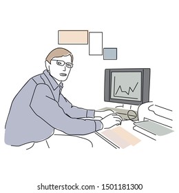 Young man at work on office equipment. Office worker. Hand-drawn vector illustration.
