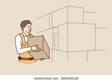 Trabajador joven sostiene trabajo de transporte en almacén. Un tipo sonriente entrega de paquetes en un depósito o almacén. Servicio de empresa de entrega. Ilustración vectorial plana.