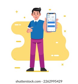 Young man worker stand show phone screen and show Advertising or presentation of mobile applications recommendation apps vector illustration