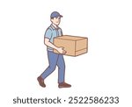 young man  workers carry cardboard boxes. Hand drawn style vector design illustrations.