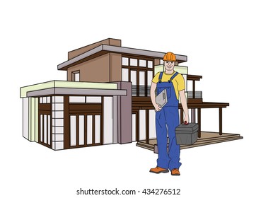 young man working in the background at home. builder. in overalls and tools. vector illustration.