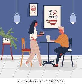 Young man working in the cafe. Freelancer sitting at table with a laptop at coffee shop. Waitress carrying a cake for customer. Modern coworking, workspace. Vector illustration in flat cartoon style