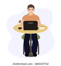 Young man working in a cafe using a laptop. Freelance or student vector illustration in flat style.