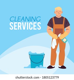 young man working in cleaning items service office vector illustration desing