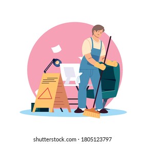 young man working in cleaning service express vector illustration desing