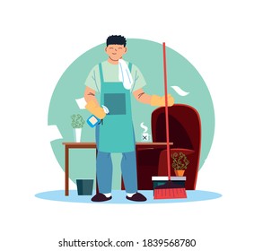 young man working in cleaning service at home office vector illustration desing