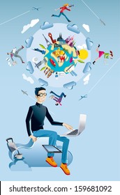 A young man working in the cloud with a laptop and a tablet. Behind him  a world globe with monuments from all continents. Four characters run and jump through the clouds while working interconnected.