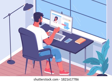 Joven trabajando y comunicándose en la ilustración del vector informático 