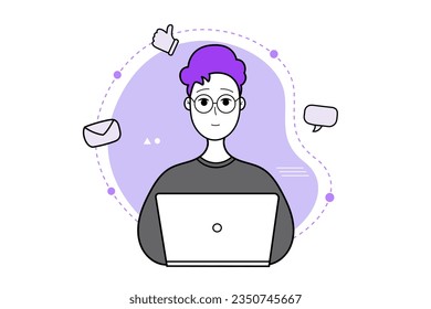 Young man working with computer. Freelancer or student. Vector illustration for back to school, online courses, trainings, seminars.