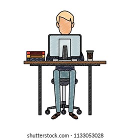 Young man working with computer scribble