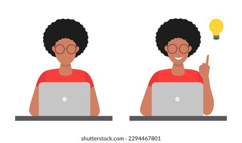 Young man working at a computer thinking about solving problems and finding a creative idea. Vector illustration in flat style. Isolated on white background.