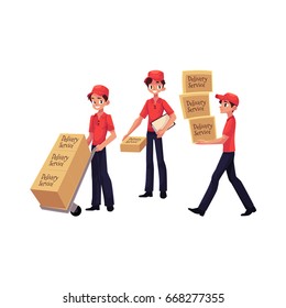 Young man working as courier, delivering goods, parcel, boxes, cartoon vector illustration isolated on white background.