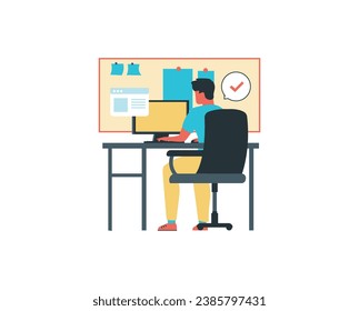 a young man working with desk and computer in the bedroom vector illustration design