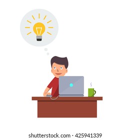 Young man working at the desk with computer and looking up with light idea bulb above his head. Vector art. Flat design, isolated on white. Concept for big idea, creativity, invention, inspiration.