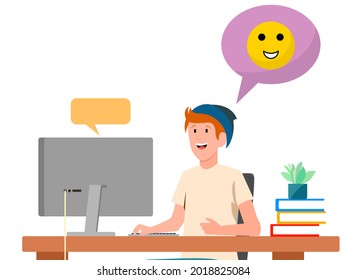 Joven trabajando en un escritorio con una computadora de escritorio, mientras envía mensajes o chatea. Con un globo cómico que tiene un feliz emoticono