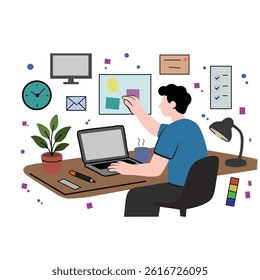 Young man working at desk with laptop and sticky notes in a productive home office