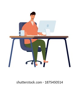young man working in desktop in workplace scene vector illustration design