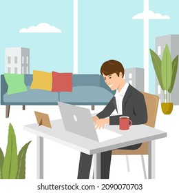 Young man working and drinking coffee, coworking office in cafe